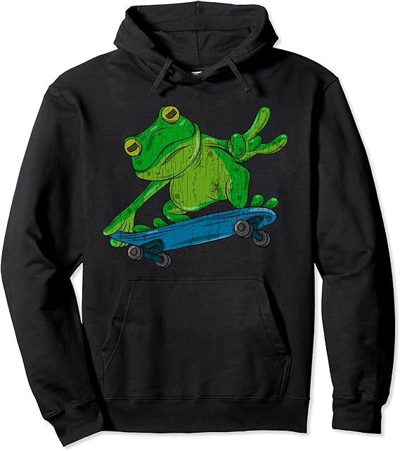 Frog On Skateboard Funny Graphic Pullover Hoodie Amazon.co.uk Clothing